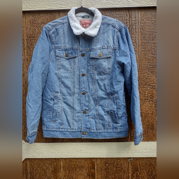 Brooklyn Cloth Denim Trucker Jean Jacket Blue Sherpa Lined Collar Winter Mens M - Picture 1 of 3